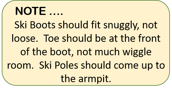 a note saying the ski boots should fit snuggly and poles should go up the armpit