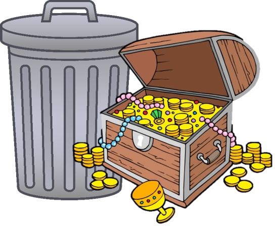 cartoon of a garbage can and a treasure chest