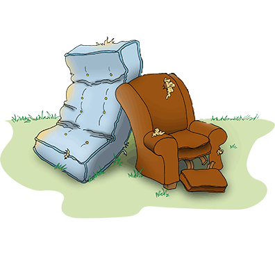 cartoon of an old mattress and an old stuffed chair